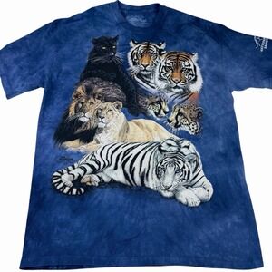 Tiger Lion Leopard Jan Henderson Adult XL Short Sleeve 2002 Vintage Blue Tie Dye